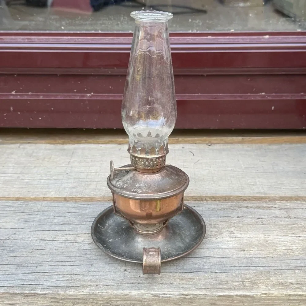 Vintage Copper Hurricane Finger Oil Lamp Swivel Base Thick Glass Shade